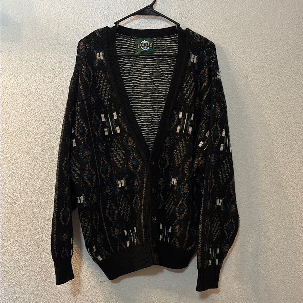 Jantzen Black Patterned Men's Cardigan Sweater with Blue & Cream Accents